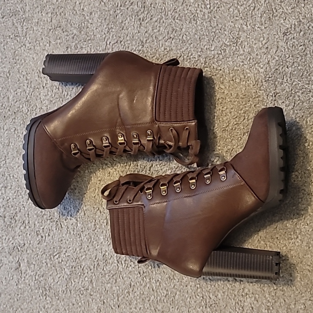 Shoe Dazzle Brown Leather & Suede Heeled Combat Boots - Size 12